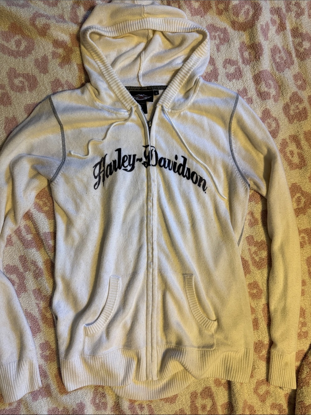 Harley-Davidson Cream Hooded Zip Sweater with Black Logo